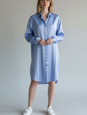 Express Pale Blue Satin Vertical Black White Striped Tunic Shirt Dress Y2K